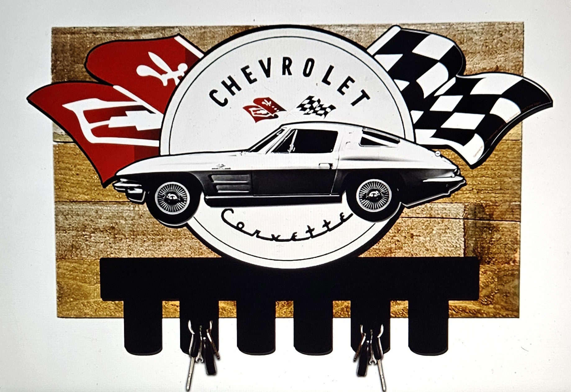 Corvette Flags Key Hanger on Wood Backing