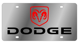 Dodge License Plate with Black Word and Red Logo