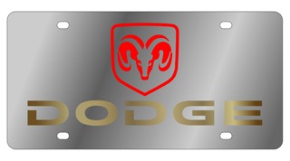 Dodge License Plate with Gold Word and Red Logo