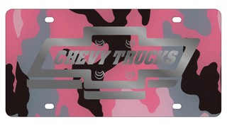 Chevy Trucks License Plate - Pink Camo Lazer Style with Silver Bowtie