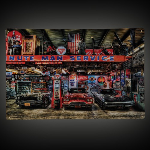 NOSTALGIC EARLY CORVETTES SURROUNDED BY RUSTIC SIGNAGE
