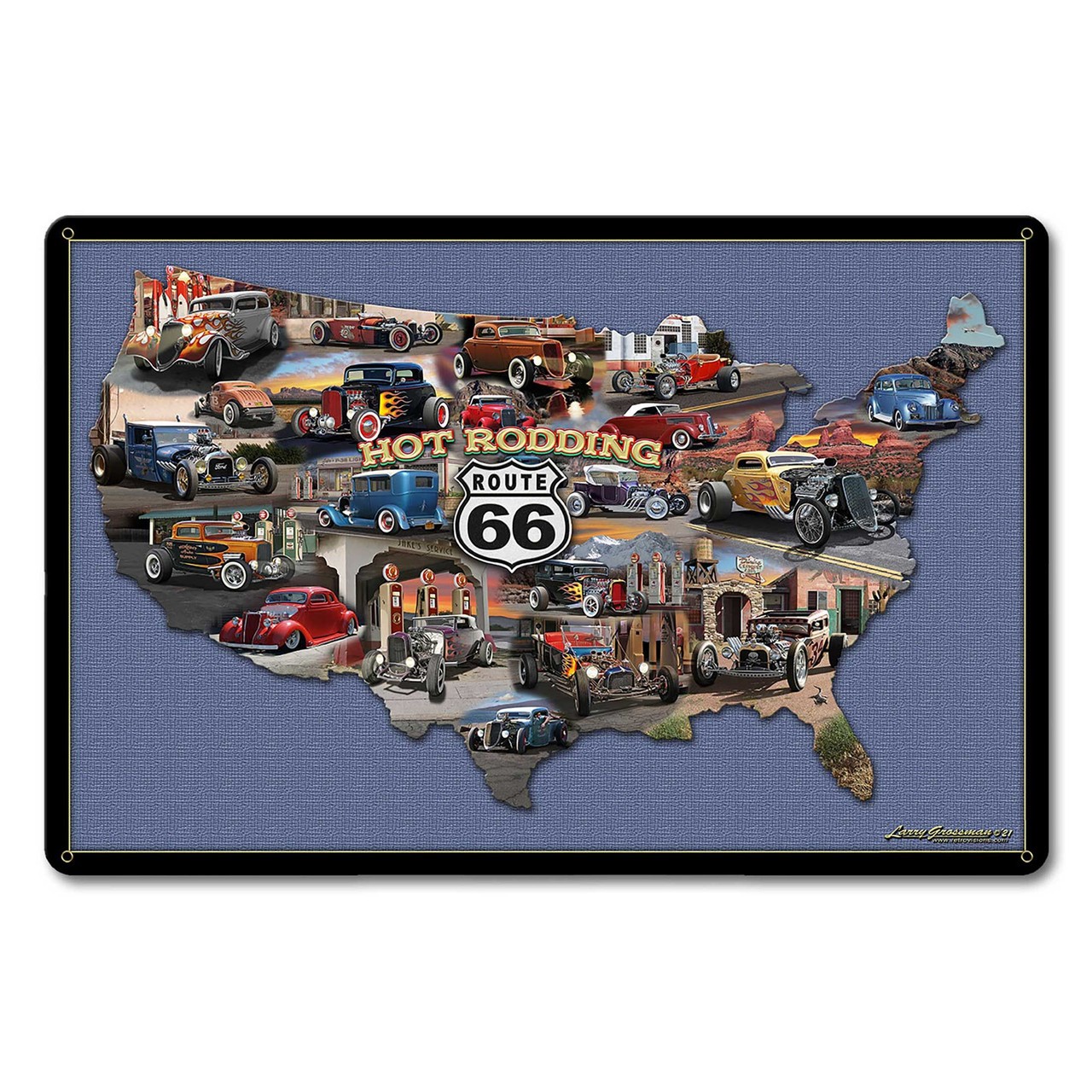 Hot Rodding Route 66 Map Sign 18 x 12