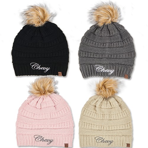 Ladies Chevy Script Knit Beanie With Pom