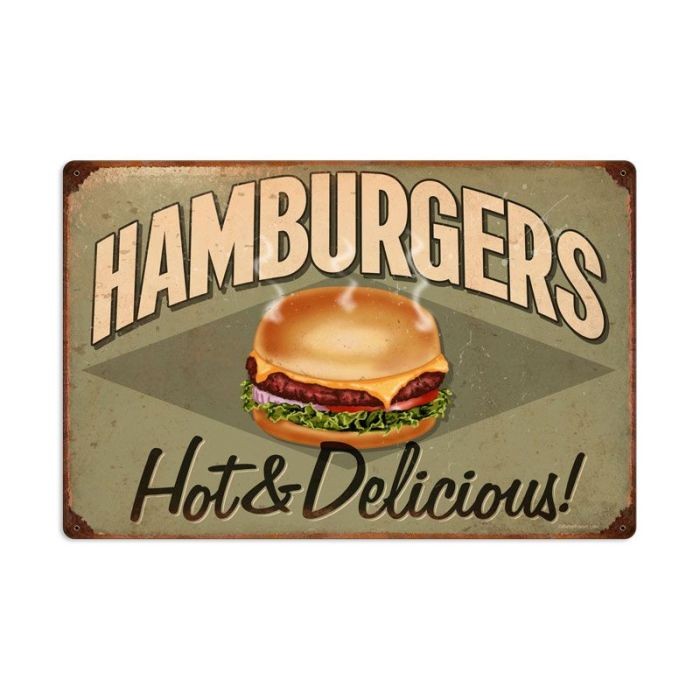 Hamburgers Hot & Delicious Vintage Sign 24 x 16
