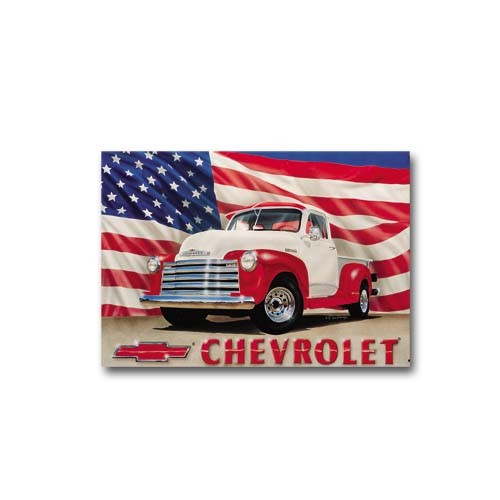 `51 CHEVY PICK UP TRUCK WITH AMERICAN FLAG TIN SIGN