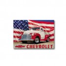 `51 CHEVY PICK UP TRUCK WITH AMERICAN FLAG TIN SIGN